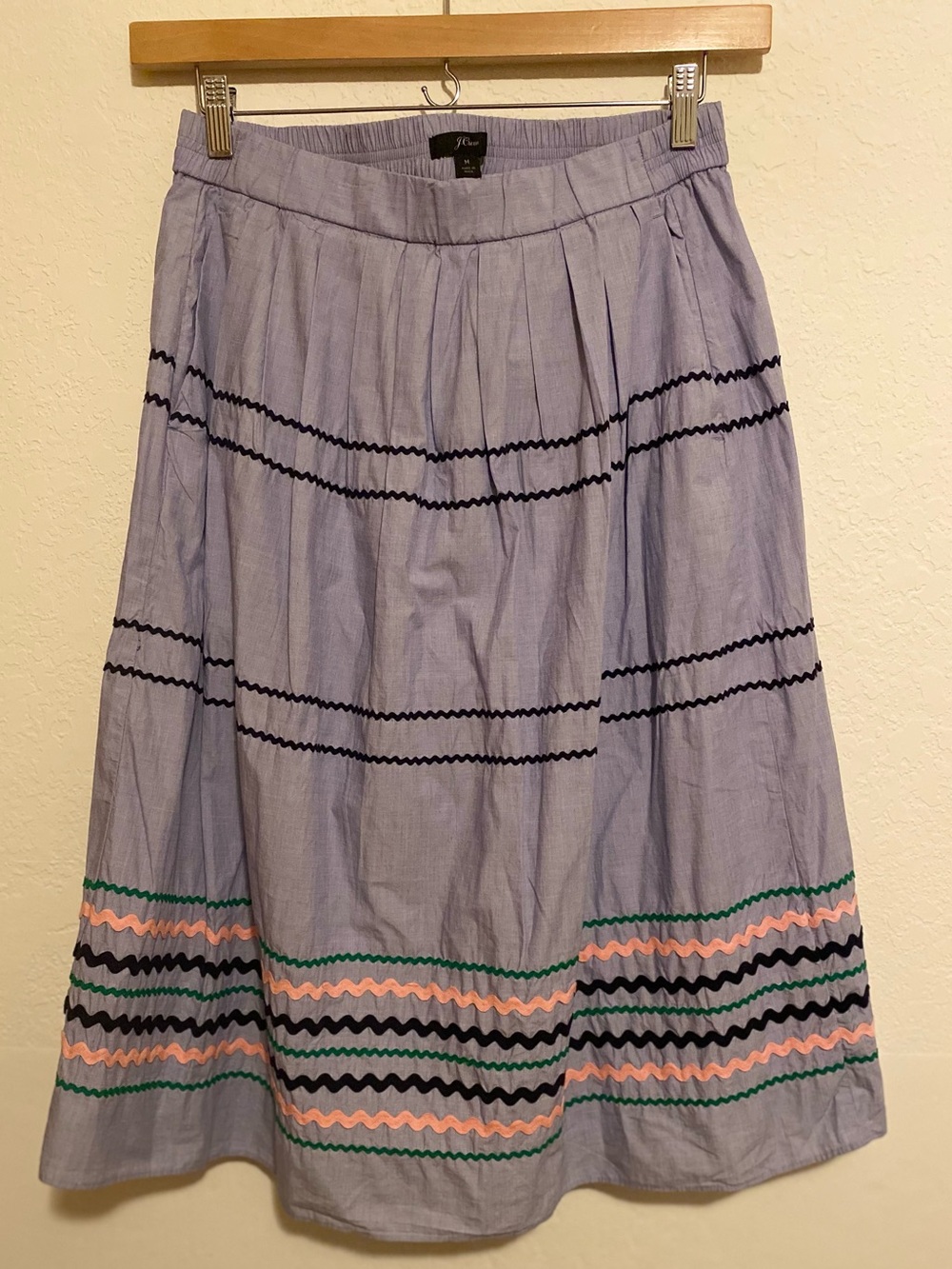 J. Crew Rickrack Trim Cotton Poplin Midi Skirt Blue Size M Cottagecore Bohemian